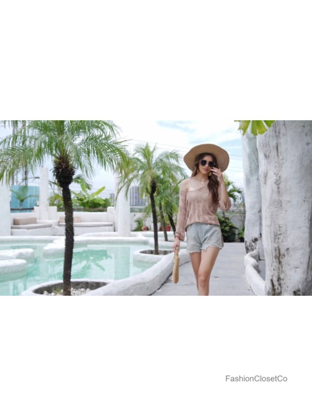 Crochet Hollow Out Off Shoulder V-Neck 3/4 Sleeve Sweater Cover Up - Picture 6 of 6